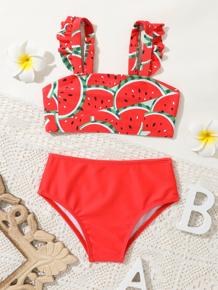 女婴西瓜印花荷叶边沙滩装夏季海滩装