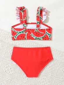 女婴西瓜印花荷叶边沙滩装夏季海滩装