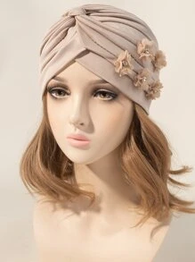 水鑽和花朵裝飾頭巾帽 - 卡其色 - 查看 1