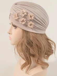水鑽和花朵裝飾頭巾帽 - 卡其色 - 查看 2