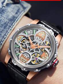 Men Hollow Out Mechanical Watch - Black - View 6