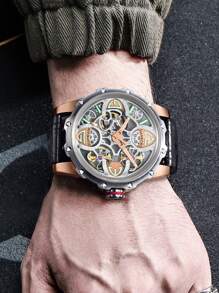 Men Hollow Out Mechanical Watch - Black - View 4