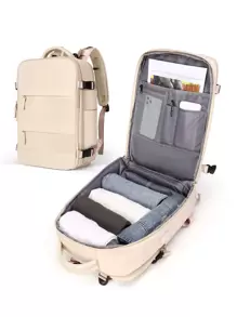 女士旅行背包，可容纳14/15英寸笔记本电脑，配有独立鞋隔层和USB充电接口，干湿分离。新旧版本随机发货。 - 米色 - 查看 2