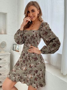 SHEIN Clasi Floral Print Square Neck Ruffle Hem Dress