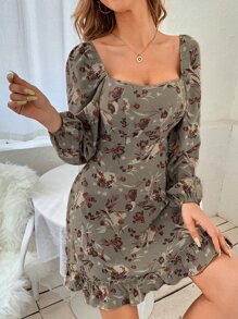 SHEIN Clasi Floral Print Square Neck Ruffle Hem Dress