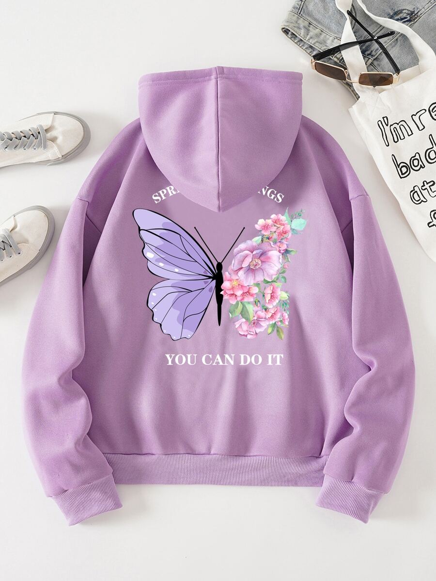 SHEIN EZwear Quần áo thể thao nữ Dây kéo Túi Hoa Loại bướm Giải trí - Màu Lilac Tím - Xem 1