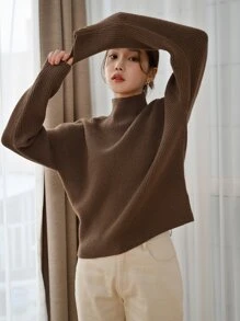 DAZY Suéter de cuello alto y hombros caídos, ropa de mujer de otoño - Café integral - Ver 4