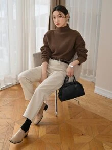 DAZY Suéter de cuello alto y hombros caídos, ropa de mujer de otoño - Café integral - Ver 7