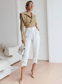 Sollinarry Cross Wrap Knot Shoulder Pads Crop Blouse - Khaki - View 3