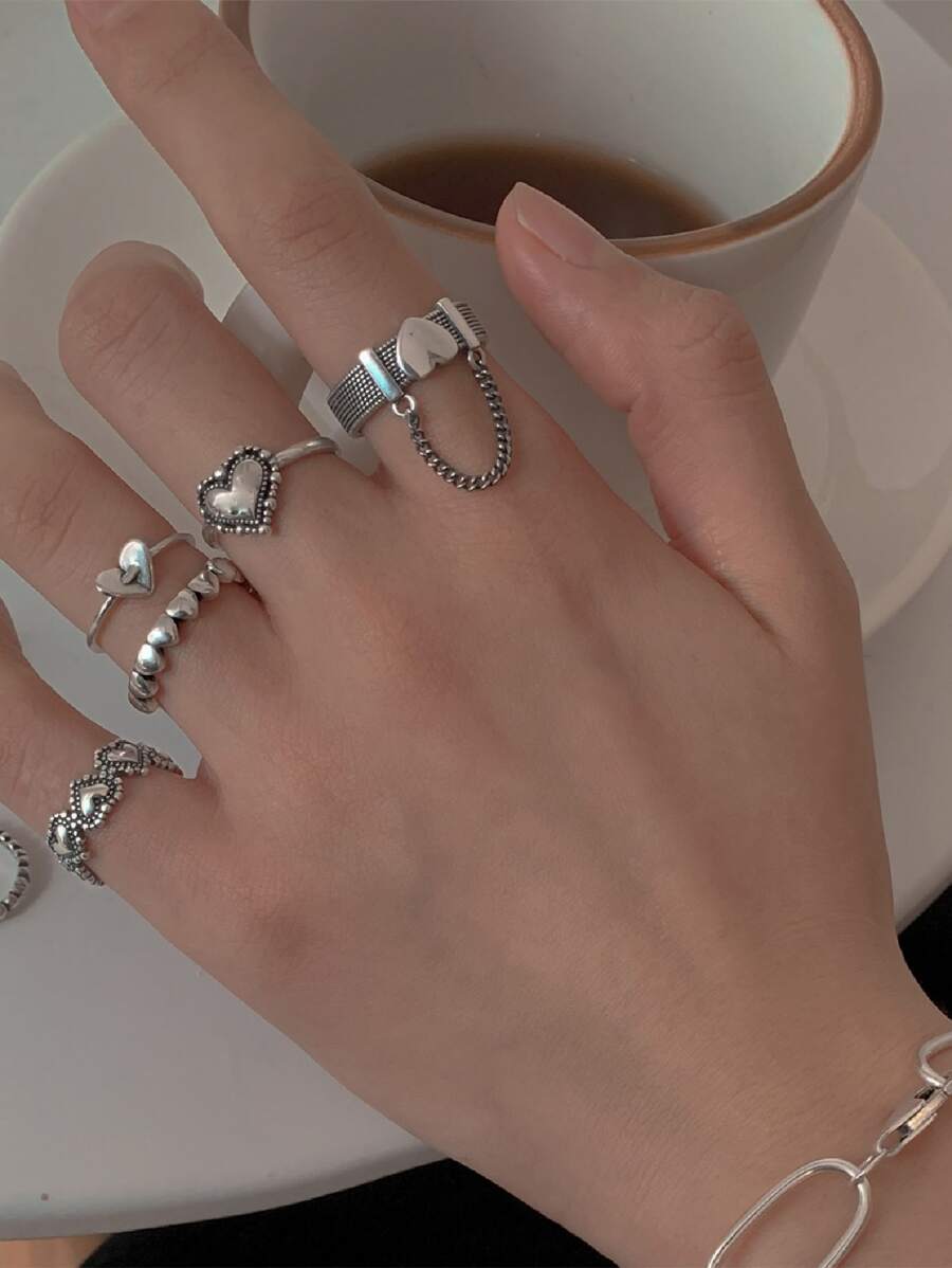 Set de 5 anillos decorados con corazón y cadena, regalo ideal para el Día de San Valentín, Día de la Madre - Plata antigua - Ver 1