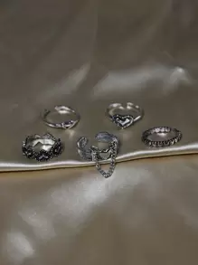 Set de 5 anillos decorados con corazón y cadena, regalo ideal para el Día de San Valentín, Día de la Madre - Plata antigua - Ver 2