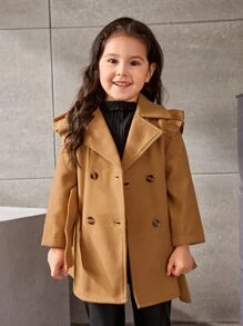 SHEIN Young Girl 1pc Ruffle Trim Double Breasted Belted Coat - Camel - View 3