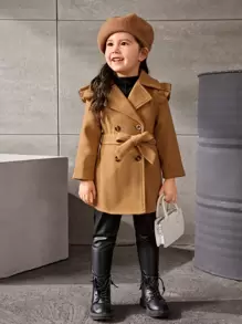 SHEIN Young Girl 1pc Ruffle Trim Double Breasted Belted Coat - Camel - View 4