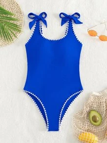 Whip Stitch Tie Shoulder One Piece Swimsuit - Royal Blue - View 6