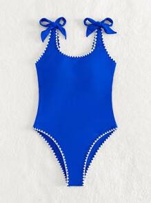 Whip Stitch Tie Shoulder One Piece Swimsuit - Royal Blue - View 4