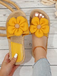 Vacation Yellow Slide Sandals For Women, Flower Decor Stitch Detail Sandals,Spring Summer Outfits - Mustard Yellow - View 3