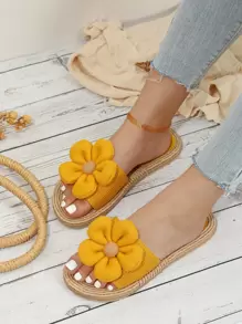 Vacation Yellow Slide Sandals For Women, Flower Decor Stitch Detail Sandals,Spring Summer Outfits - Mustard Yellow - View 6