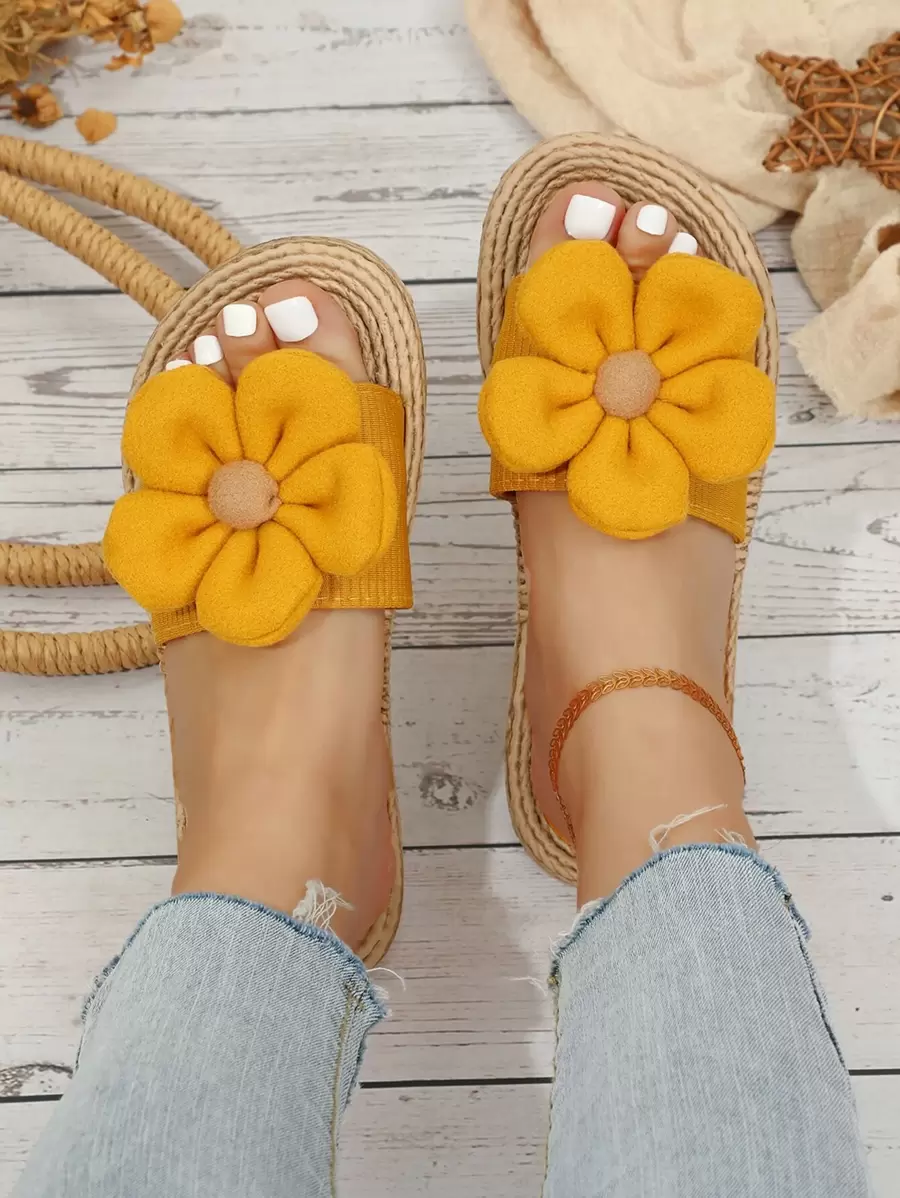 Vacation Yellow Slide Sandals For Women, Flower Decor Stitch Detail Sandals,Spring Summer Outfits - Mustard Yellow - View 1