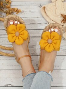 Vacation Yellow Slide Sandals For Women, Flower Decor Stitch Detail Sandals,Spring Summer Outfits - Mustard Yellow - View 4