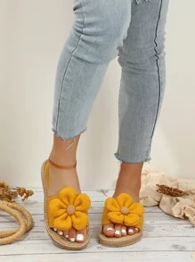 Vacation Yellow Slide Sandals For Women, Flower Decor Stitch Detail Sandals,Spring Summer Outfits - Mustard Yellow - View 2