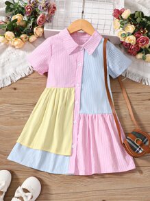 SHEIN Elladie kids Toddler Girls Colourblock Striped Print Shirt Dress - Multicolor - View 1