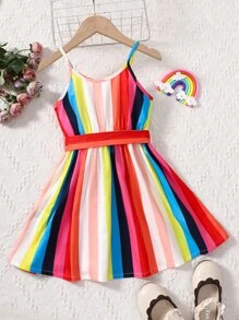SHEIN 小女童彩虹條紋吊帶連衣裙 - 彩色 - 查看 2