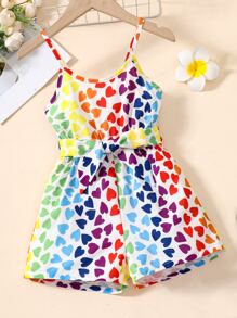 SHEIN Toddler Girls Heart Print Belted Cami Romper - Multicolor - View 1