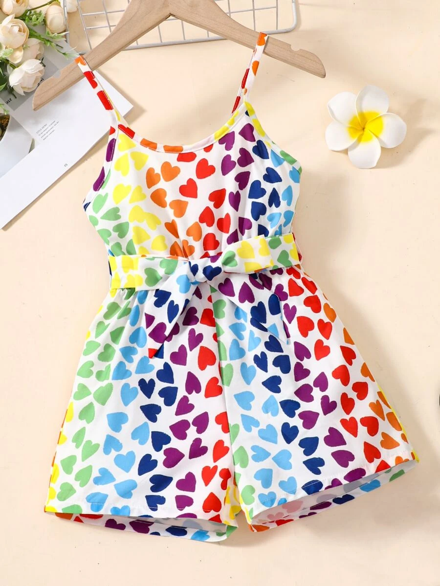 SHEIN Toddler Girls Heart Print Belted Cami Romper - Multicolor - View 1