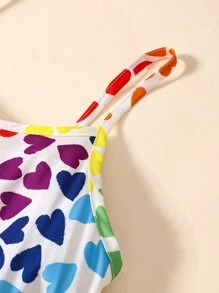 SHEIN Toddler Girls Heart Print Belted Cami Romper - Multicolor - View 3
