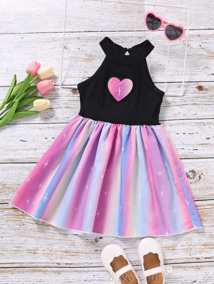 小女童漸層愛心刺繡掛脖連衣裙 - 彩色 - 查看 1