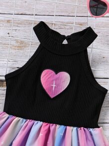 小女童漸層愛心刺繡掛脖連衣裙 - 彩色 - 查看 5