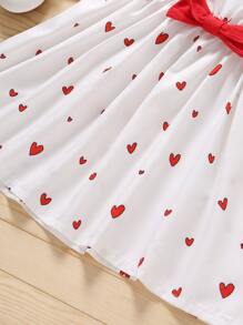 Toddler Girls Heart Print Ruffle Trim Bow Front Dress - White - View 4