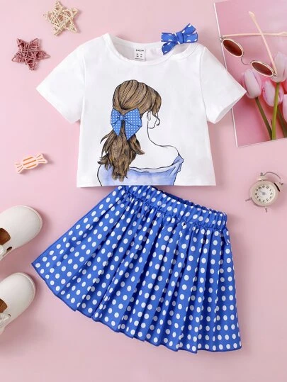 SHEIN 小女童人像圖案前蝴蝶結T恤和波卡圓點百褶半身裙