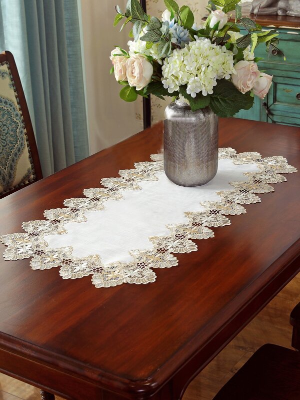 1pc Lace Tablecloth White Double-Colored Polyester Bamboo Fabric Water-Soluble & Hollow Out Flower Pattern, Suitable For Dining Table, Coffee Table, Daily Home Decoration Furniture