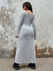 SHEIN EZwear Vestido ribete en forma de lechuga de manga con volante sin cinturón - Gris Claro - Ver 2