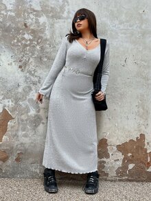 SHEIN EZwear Vestido ribete en forma de lechuga de manga con volante sin cinturón - Gris Claro - Ver 3