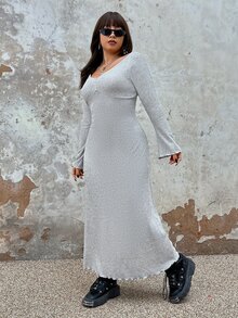 SHEIN EZwear Vestido ribete en forma de lechuga de manga con volante sin cinturón - Gris Claro - Ver 5