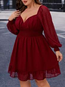 SHEIN Privé Plus Swiss Dot Sweetheart Neck Ruffle Hem Chiffon Dress - Burgundy - View 5