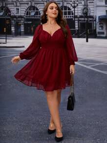 SHEIN Privé Plus Swiss Dot Sweetheart Neck Ruffle Hem Chiffon Dress - Burgundy - View 1