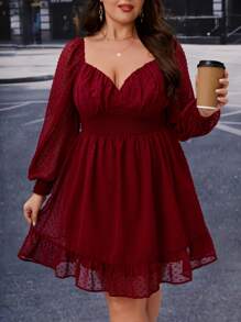 SHEIN Privé Plus Swiss Dot Sweetheart Neck Ruffle Hem Chiffon Dress - Burgundy - View 6