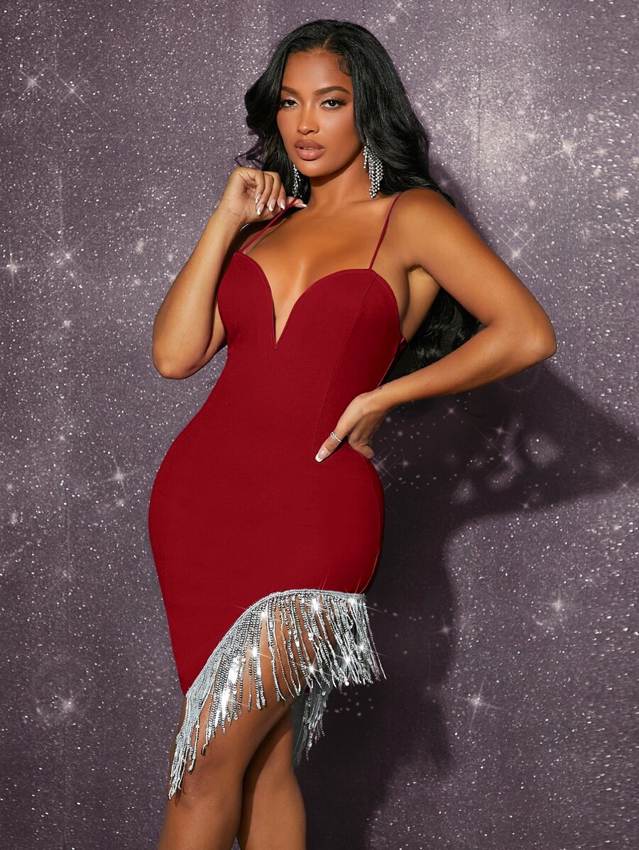 SHEIN SXY Đầm Bất đối xứng mép Dây kéo màu trơn Buổi tiệc - Màu Đỏ Sâu - Xem 1