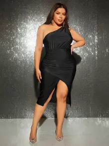 SHEIN SXY 大碼單肩褶邊圍裹連衣裙