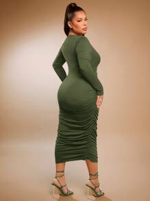 SHEIN SXY فستان ضيق ثنية مقاس كبير - أخضر عسكري - مشاهدة 3