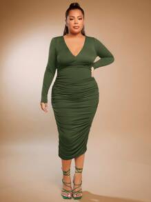 SHEIN SXY فستان ضيق ثنية مقاس كبير - أخضر عسكري - مشاهدة 1