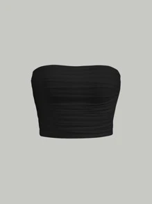 SHEIN MOD 素色褶邊短款抹胸網紗上衣 - 黑色 - 查看 1