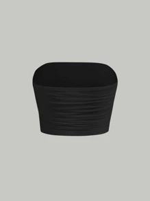 SHEIN MOD 素色褶邊短款抹胸網紗上衣 - 黑色 - 查看 2