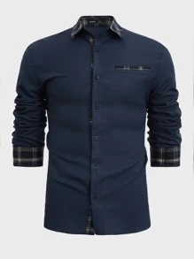 Manfinity VCAY Men Contrast Plaid Trim Button Up Shirt - Navy Blue - View 1
