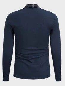 Manfinity VCAY Men Contrast Plaid Trim Button Up Shirt - Navy Blue - View 2