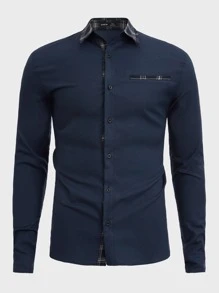 Manfinity VCAY Men Contrast Plaid Trim Button Up Shirt - Navy Blue - View 3