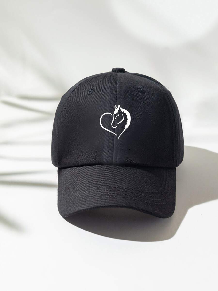 1入組男女適用Y2k風格馬和心印花棒球帽，適用於戶外運動，防曬，日常通勤休閒 - 黑色 - 查看 1